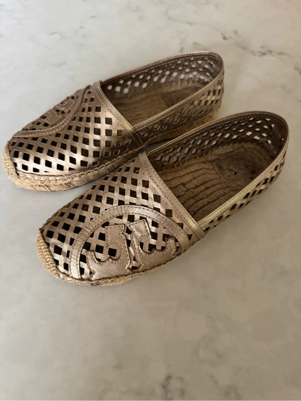 Tory Burch Metallic Gold Laser-Cut Espadrille Flats